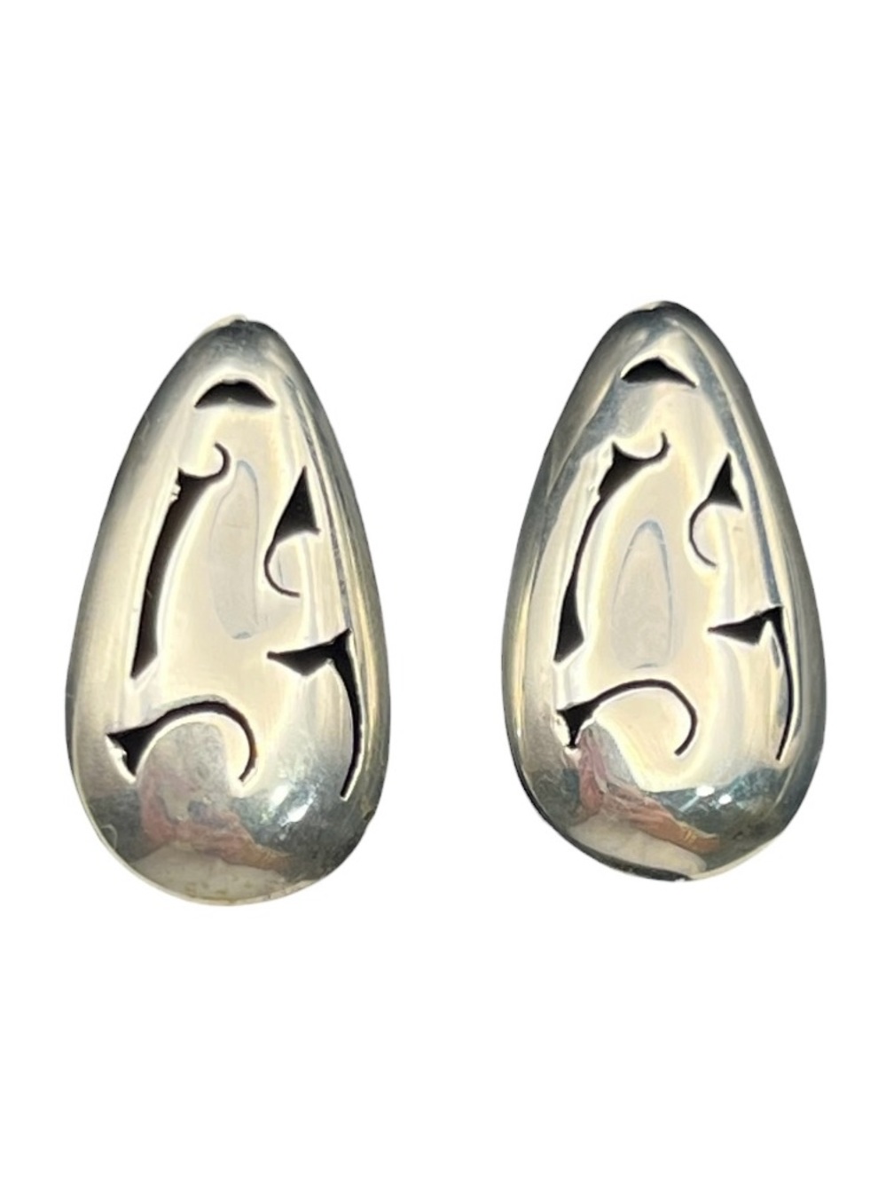Sterling silver teardrop shaped abstract swirl cut out stud earrings vintage